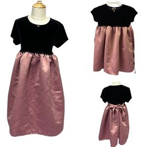Short Sleeve Black Velvet and Mauve Sateen Bow Tie Back Party Dress Girls 6X